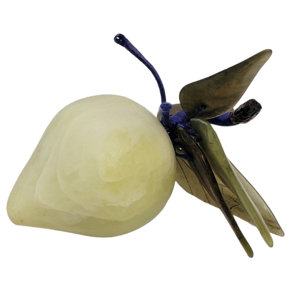 Jade Pear With Forest Green Leaves And Blue Silk Stem  Carved Fruit Decor